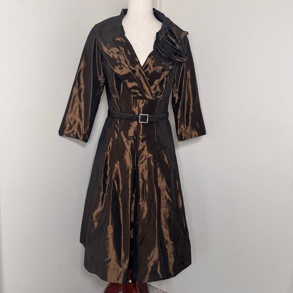 RICKIE FREEMAN TERI JON Brown Metallic Flared Dress Formal Party Size 8 - Picture 1 of 10